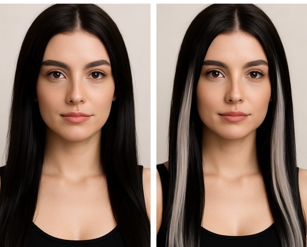 AI female wearing Grey Ombre clip-in Highlights For Black Hair.
