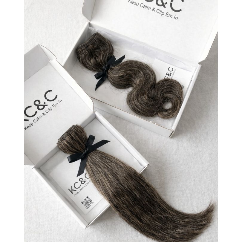 SALT & PEPPER GREY BROWN CLIP-IN HAIR EXTENSIONS - Image 2