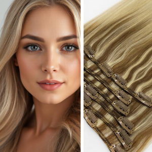 Warm-Blonde-Balayage-Ombre-Clip-in-Hair Extensions- Slavic Remy Hair wavy