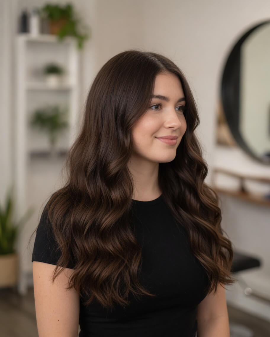 AI model wearing 100% Remy Human hair halo extensions hidden wire volumising extensions dark brown