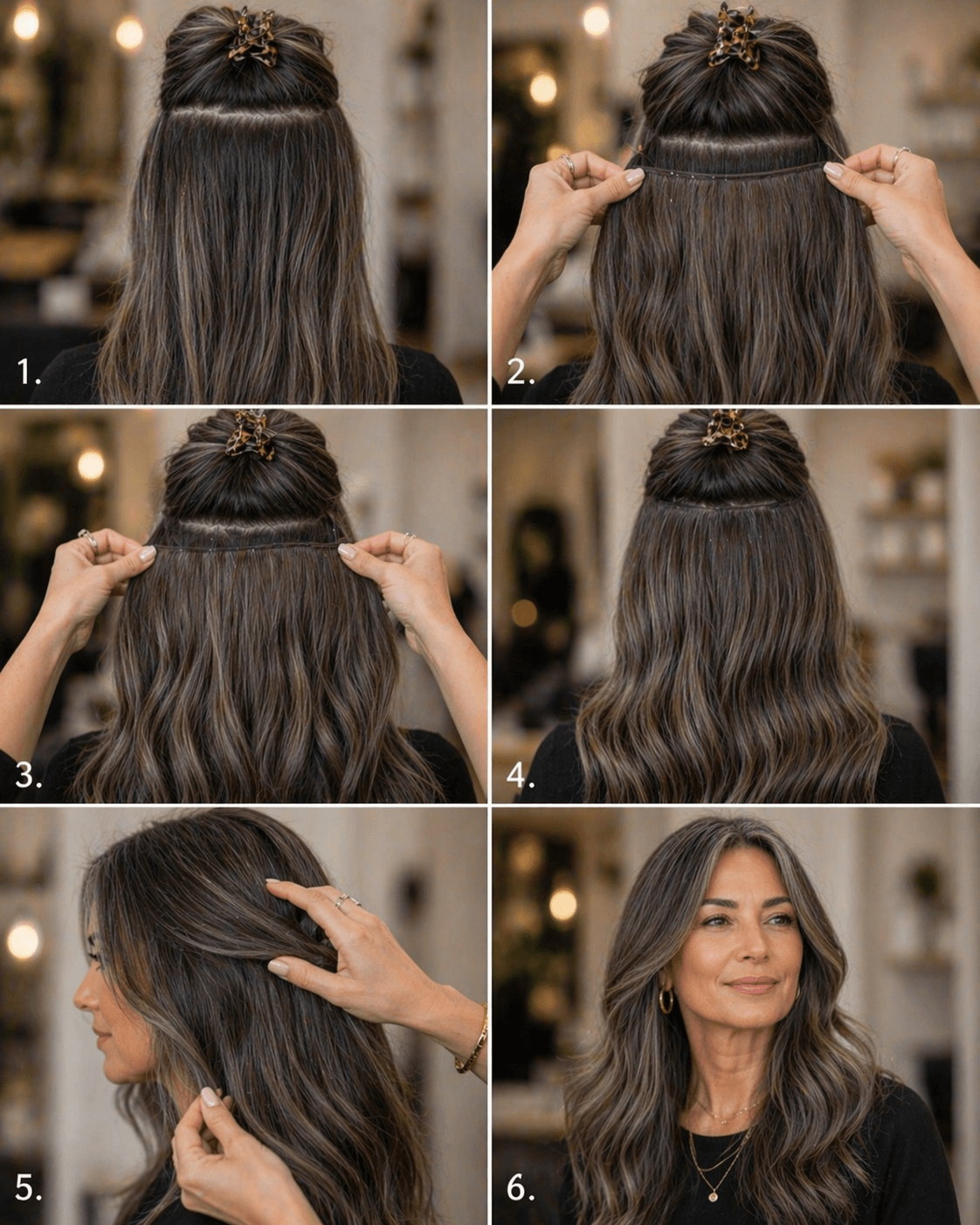 How to install 100% Remy Human hair halo extensions hidden wire volumising extensions salt and pepper dark brown