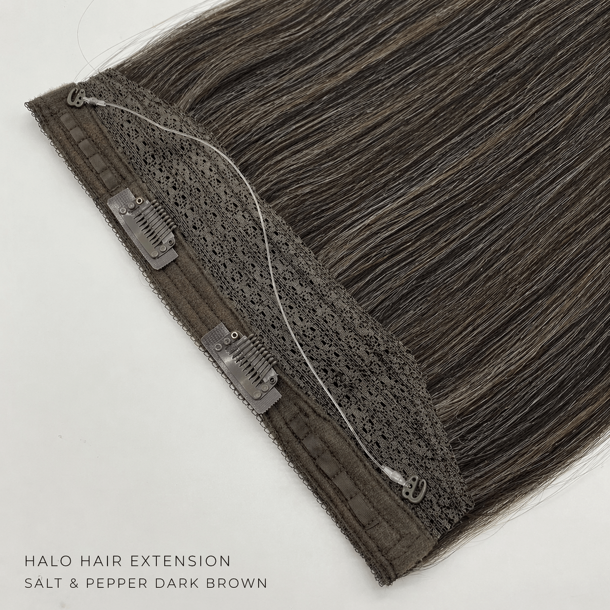 100% Remy Human hair halo extensions hidden wire volumising extensions salt and pepper dark brown